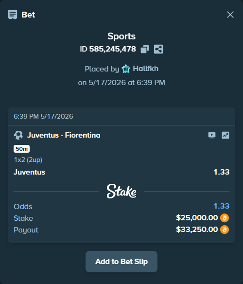 Bet slip: Juventus - Fiorentina, $20,599.76 stake at 1.33 odds, placed by Hallfkh