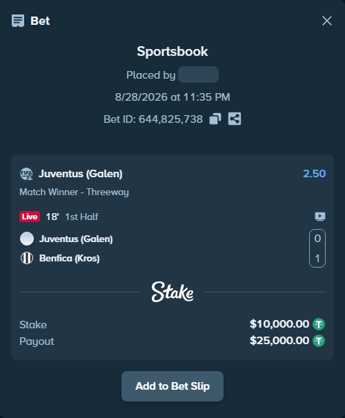 Bet slip: Juventus (Galen) - Benfica (Kros), $10,000.00 stake at 2.50 odds, placed by haroldfinchh