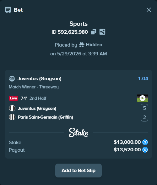 Bet slip: Juventus (Grayson) - Paris Saint-Germain (Griffin), $13,000.00 stake at 1.04 odds, placed by Hidden