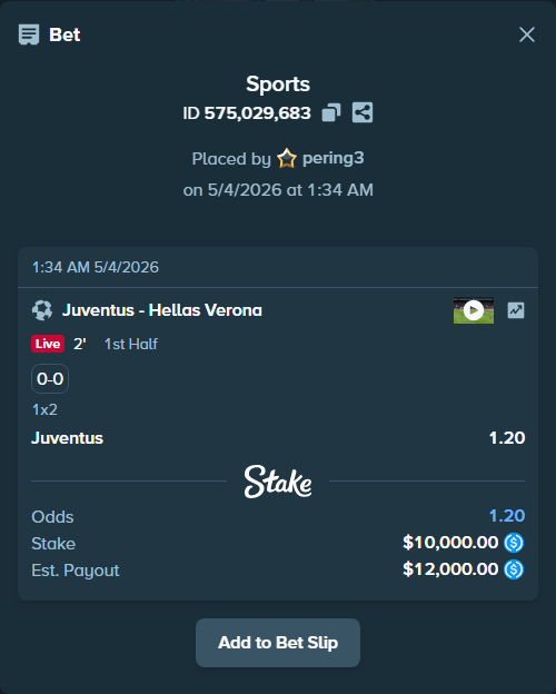 Bet slip: Juventus - Hellas Verona, $10,000.00 stake at 1.20 odds, placed by pering3