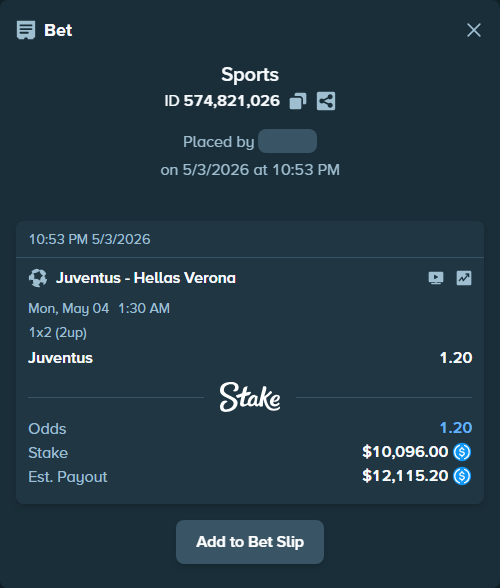 Bet slip: Juventus - Hellas Verona, $10,096.00 stake at 1.20 odds, placed by SigmundC