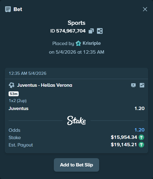 Bet slip: Juventus - Hellas Verona, $15,954.34 stake at 1.20 odds, placed by Krisriple