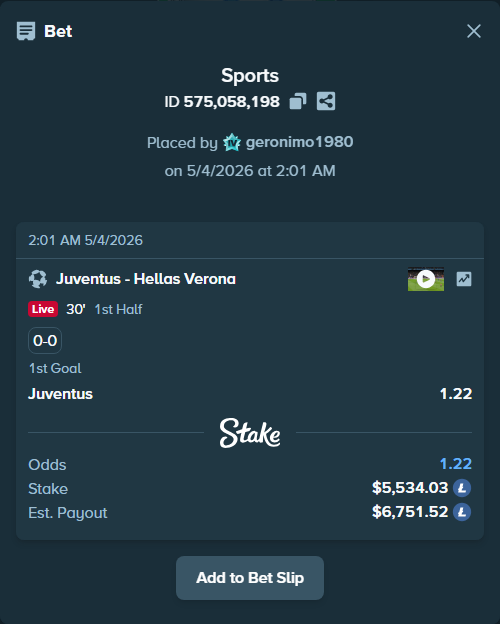 Bet slip: Juventus - Hellas Verona, $4,450.00 stake at 1.22 odds, placed by geronimo1980