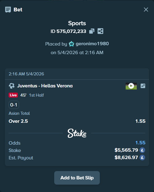 Bet slip: Juventus - Hellas Verona, $4,475.53 stake at 1.55 odds, placed by geronimo1980