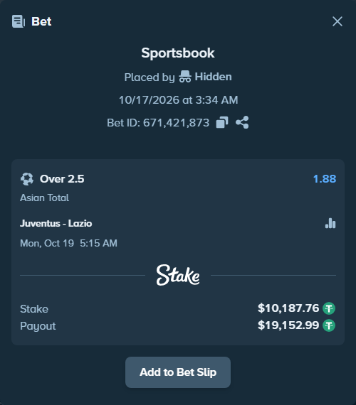 Bet slip: Juventus - Lazio, $10,197.95 stake at 1.88 odds, placed by stevenkhoury