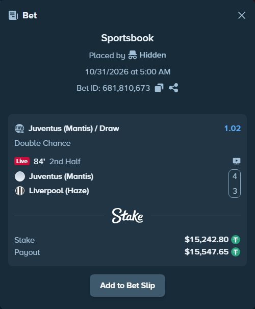 Bet slip: Juventus (Mantis) - Liverpool (Haze), $15,258.04 stake at 1.02 odds, placed by Hidden