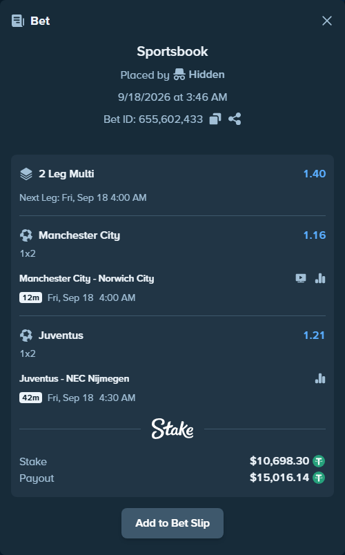 Bet slip: Juventus - NEC Nijmegen, $10,709.00 stake at 1.21 odds, placed by Hidden