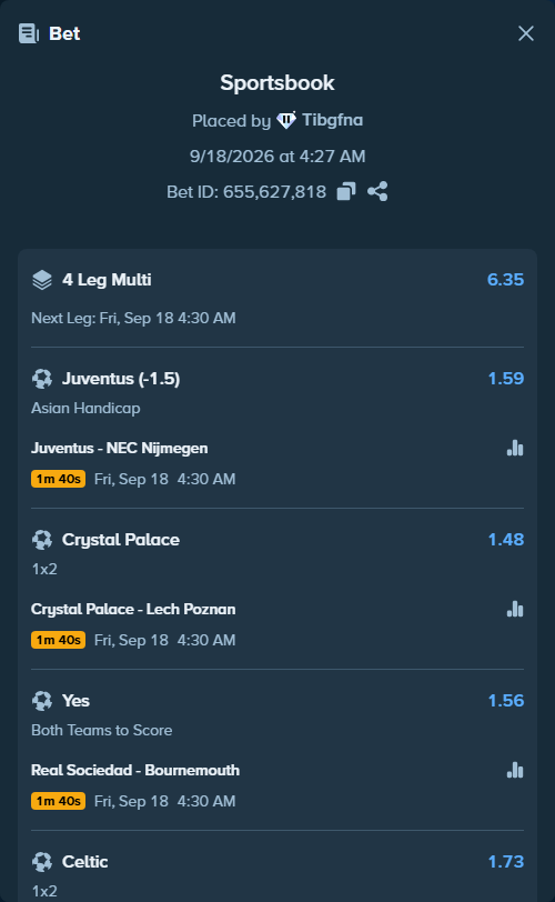 Bet slip: Juventus - NEC Nijmegen, $11,025.00 stake at 1.59 odds, placed by Tibgfna