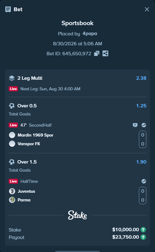 Bet slip: Juventus - Parma, $10,000.00 stake at 1.90 odds, placed by 4papa