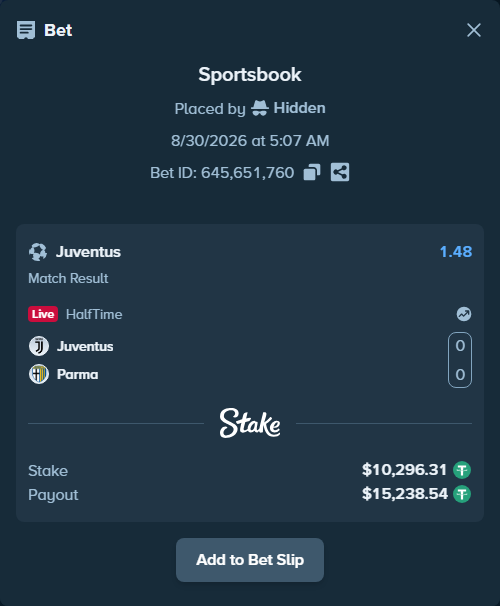 Bet slip: Juventus - Parma, $10,296.31 stake at 1.48 odds, placed by Hidden