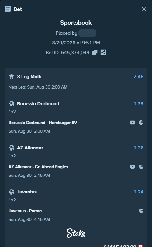 Bet slip: Juventus - Parma, $11,235.41 stake at 1.24 odds, placed by Zach0919