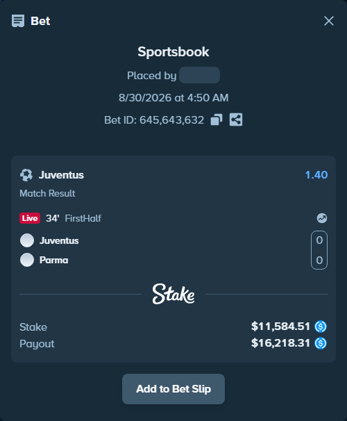 Bet slip: Juventus - Parma, $11,584.51 stake at 1.40 odds, placed by irfanBB