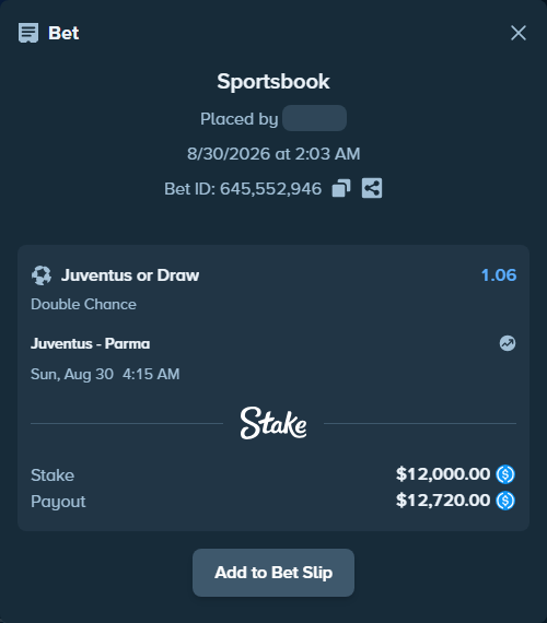 Bet slip: Juventus - Parma, $12,000.00 stake at 1.06 odds, placed by Caryl4uu