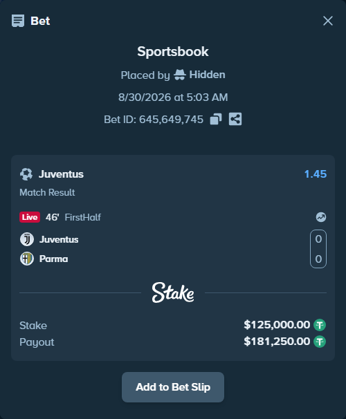 Bet slip: Juventus - Parma, $125,000.00 stake at 1.45 odds, placed by Hidden