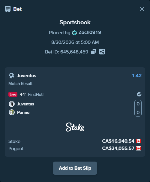 Bet slip: Juventus - Parma, $12,536.00 stake at 1.42 odds, placed by Zach0919