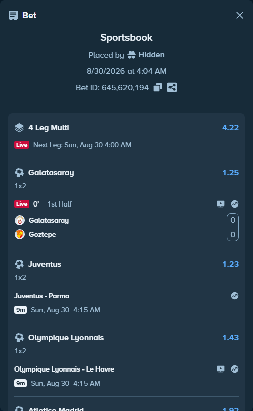Bet slip: Juventus - Parma, $15,000.00 stake at 1.23 odds, placed by Hidden