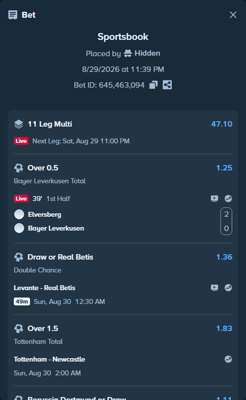 Bet slip: Juventus - Parma, $20,123.43 stake at 1.22 odds, placed by Hidden