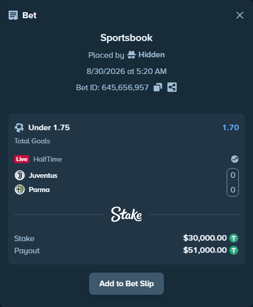 Bet slip: Juventus - Parma, $30,000.00 stake at 1.70 odds, placed by Hidden