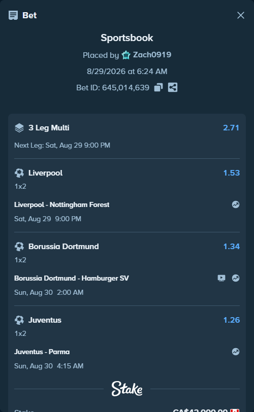Bet slip: Juventus - Parma, $31,080.00 stake at 1.26 odds, placed by Zach0919