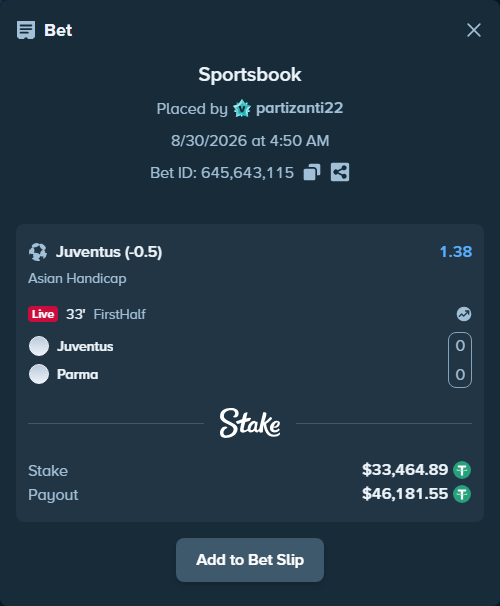 Bet slip: Juventus - Parma, $33,464.89 stake at 1.38 odds, placed by partizanti22