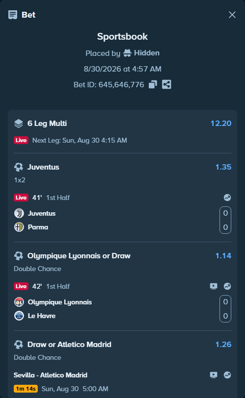 Bet slip: Juventus - Parma, $50,000.00 stake at 1.35 odds, placed by Hidden
