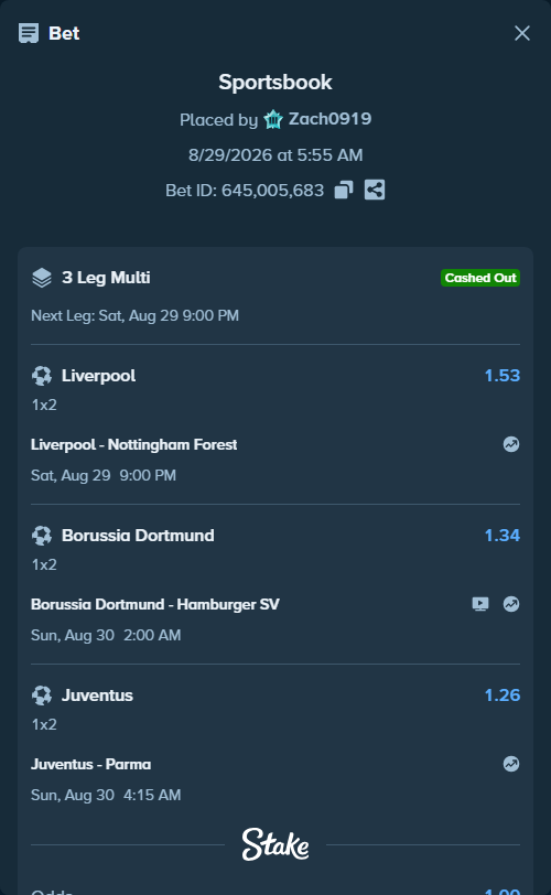 Bet slip: Juventus - Parma, $56,566.82 stake at 1.26 odds, placed by Zach0919