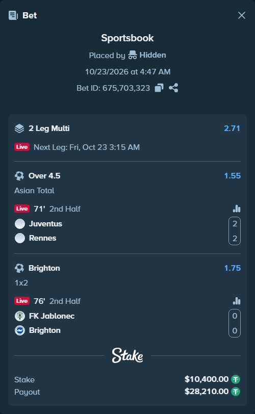 Bet slip: Juventus - Rennes, $10,410.40 stake at 1.55 odds, placed by Hidden