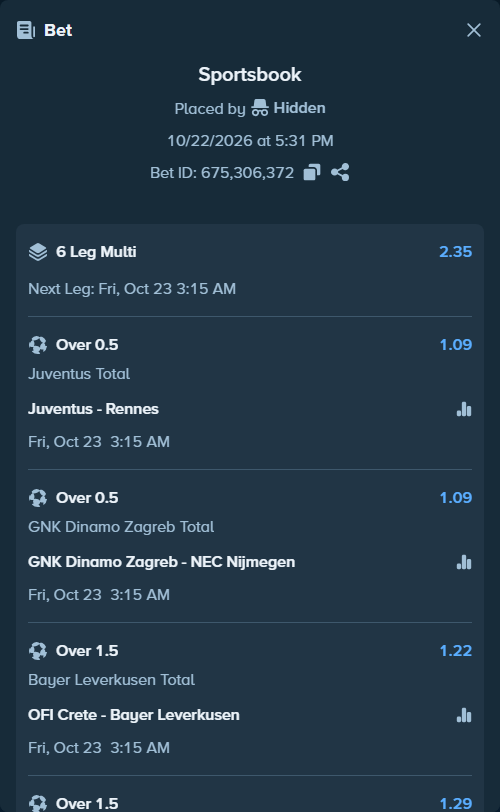 Bet slip: Juventus - Rennes, $23,923.32 stake at 1.09 odds, placed by Hidden