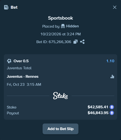 Bet slip: Juventus - Rennes, $41,782.17 stake at 1.10 odds, placed by Coco43pl