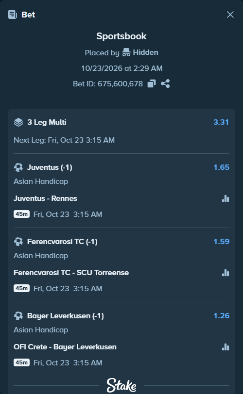Bet slip: Juventus - Rennes, $58,550.00 stake at 1.65 odds, placed by Hidden