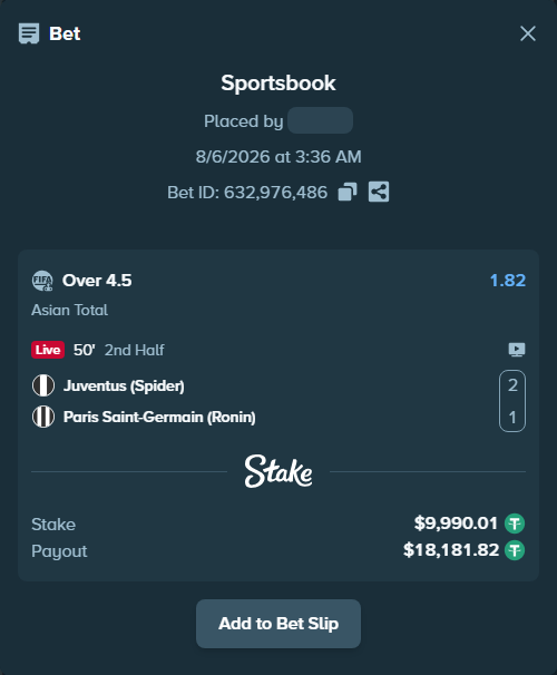 Bet slip: Juventus (Spider) - Paris Saint-Germain (Ronin), $10,000.00 stake at 1.82 odds, placed by wswrj2008