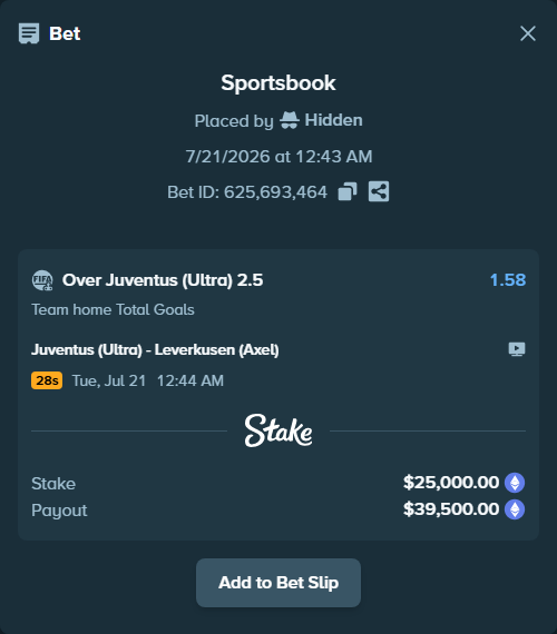 Bet slip: Juventus (Ultra) - Leverkusen (Axel), $25,517.15 stake at 1.58 odds, placed by Hidden