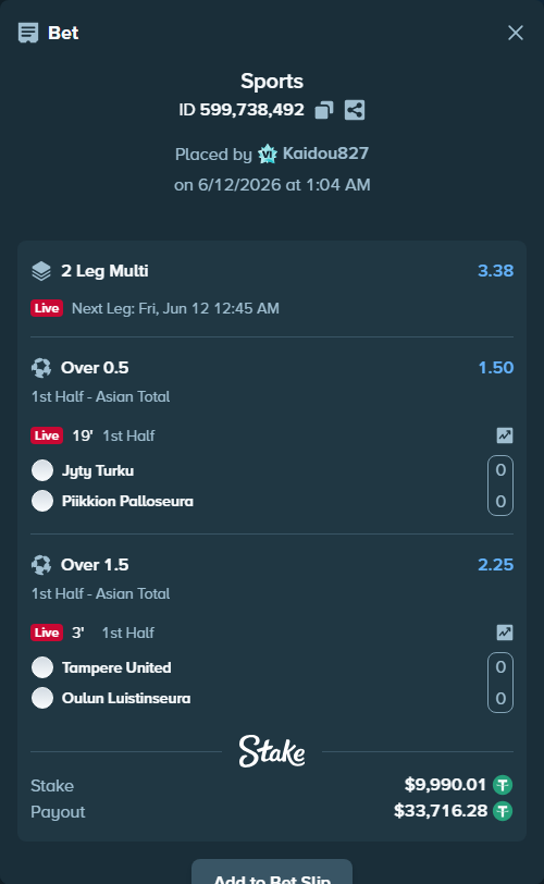 Bet slip: Jyty Turku - Piikkion Palloseura, $10,000.00 stake at 1.50 odds, placed by Kaidou827