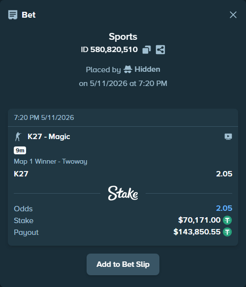 Bet slip: K27 - Magic, $70,171.00 stake at 2.05 odds, placed by Hidden
