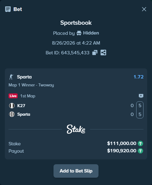 Bet slip: K27 - Sparta, $111,000.00 stake at 1.72 odds, placed by Hidden