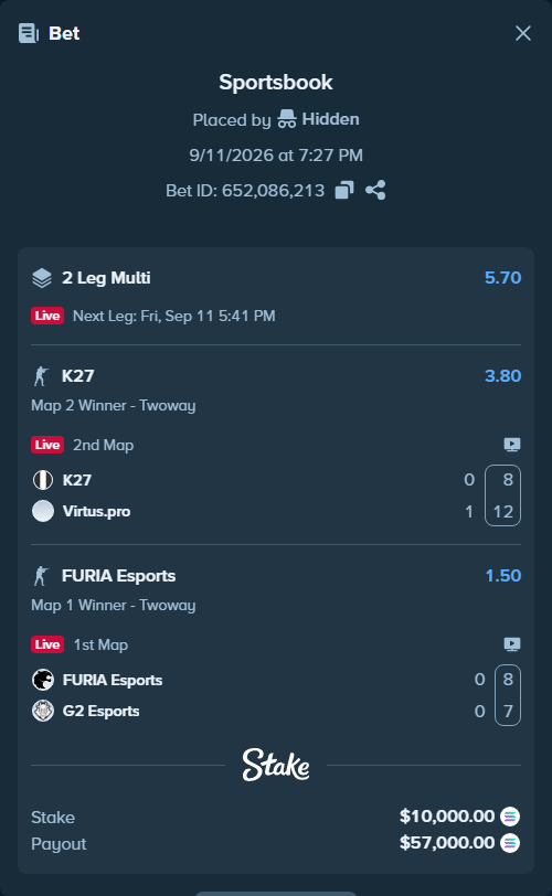 Bet slip: K27 - Virtus.pro, $9,970.13 stake at 3.80 odds, placed by Hidden