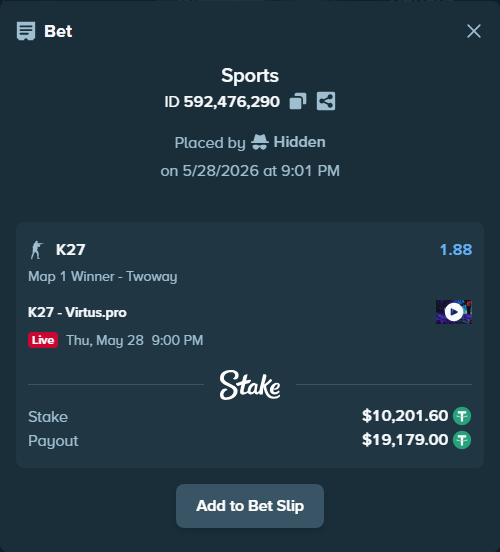 Bet slip: K27 - Virtus.pro, $10,222.00 stake at 1.88 odds, placed by Hidden