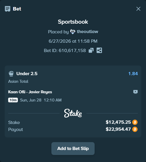 Bet slip: Kaan Ofli - Javier Reyes, $12,789.81 stake at 1.84 odds, placed by theoutlaw