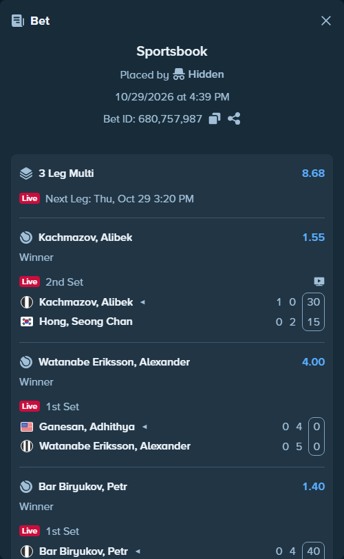 Bet slip: Kachmazov, Alibek - Hong, Seongchan, $10,000.00 stake at 1.55 odds, placed by Hidden