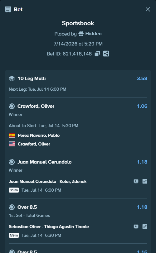 Bet slip: Kaichi Uchida - Alexis Galarneau, $85,085.00 stake at 1.16 odds, placed by Hidden