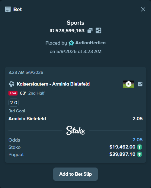 Bet slip: Kaiserslautern - Arminia Bielefeld, $19,462.00 stake at 2.05 odds, placed by ArdianHertica