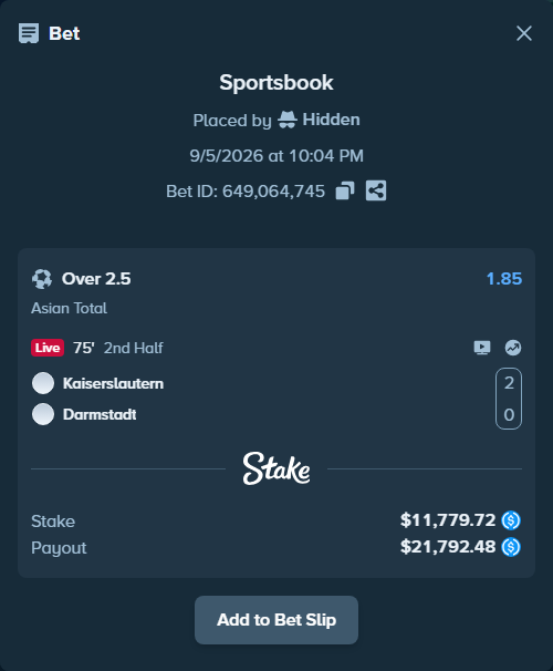 Bet slip: Kaiserslautern - Darmstadt, $11,779.72 stake at 1.85 odds, placed by Hidden