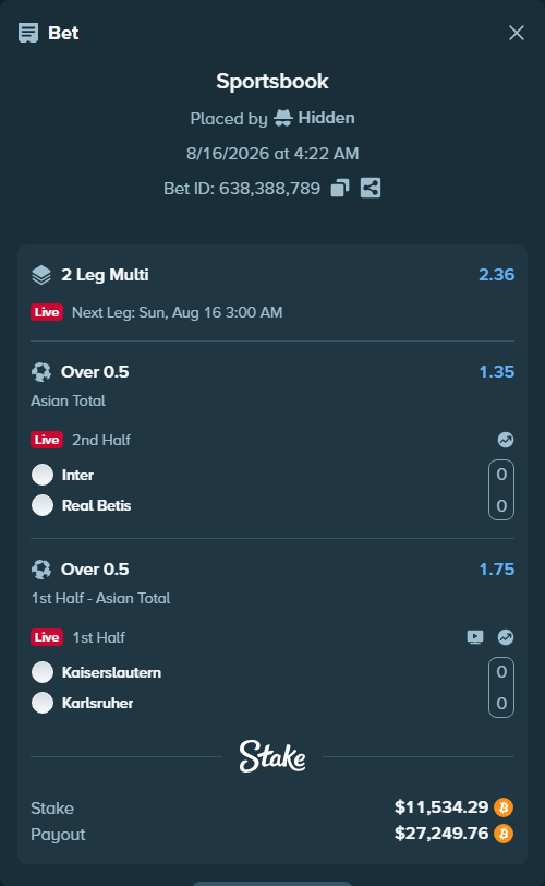 Bet slip: Kaiserslautern - Karlsruher, $11,550.36 stake at 1.75 odds, placed by Hidden