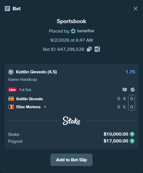 Bet slip: Kaitlin Qevedo - Elise Mertens, $10,000.00 stake at 1.75 odds, placed by lunarfox