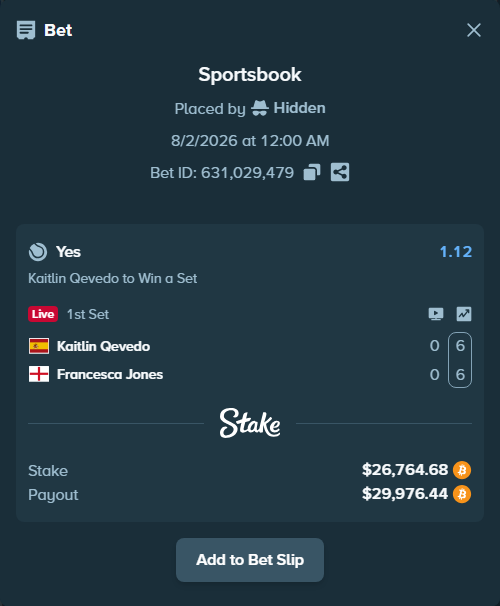 Bet slip: Kaitlin Qevedo - Francesca Jones, $27,321.97 stake at 1.12 odds, placed by Hidden