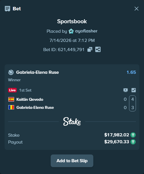 Bet slip: Kaitlin Qevedo - Gabriela-Elena Ruse, $18,000.00 stake at 1.65 odds, placed by ayoflasher
