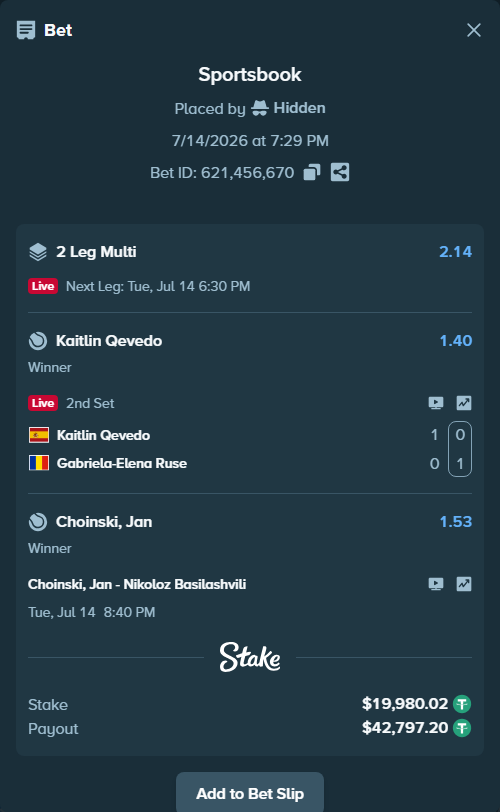 Bet slip: Kaitlin Qevedo - Gabriela-Elena Ruse, $20,000.00 stake at 1.40 odds, placed by Hidden