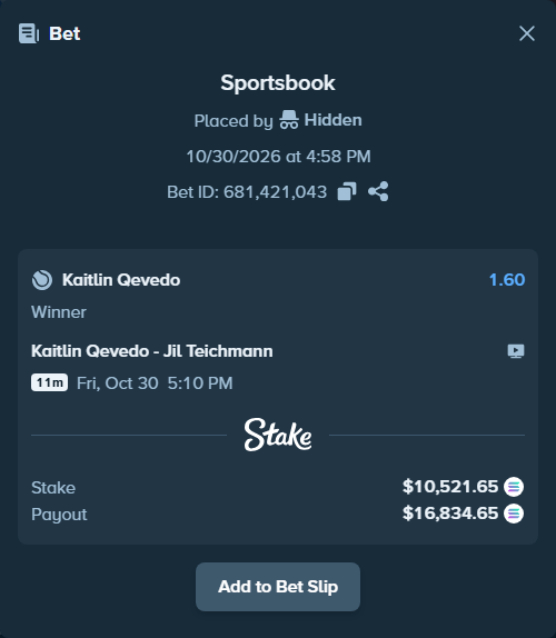 Bet slip: Kaitlin Qevedo - Jil Teichmann, $10,278.92 stake at 1.60 odds, placed by Bedostars95