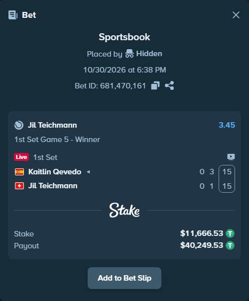 Bet slip: Kaitlin Qevedo - Jil Teichmann, $11,689.86 stake at 3.45 odds, placed by Hidden