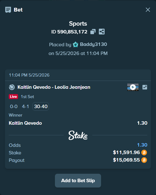 Bet slip: Kaitlin Qevedo - Leolia Jeanjean, $9,649.50 stake at 1.30 odds, placed by Baddy3130